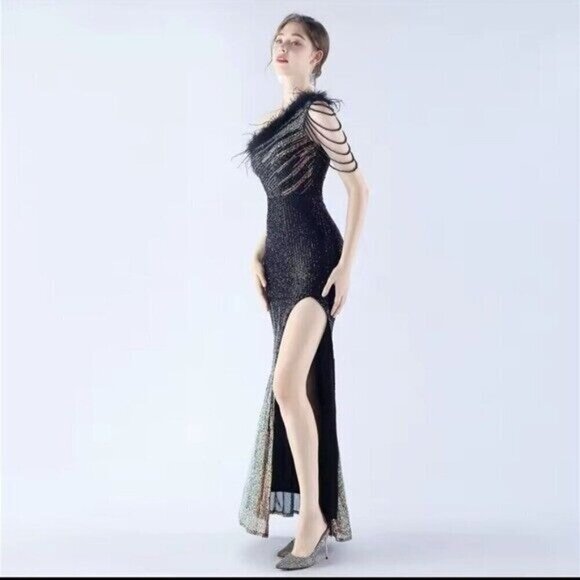 Black, One Shoulder Beaded, Gradient , Feather Neckline, Sequined Mermaid Gown - Picture 5 of 16